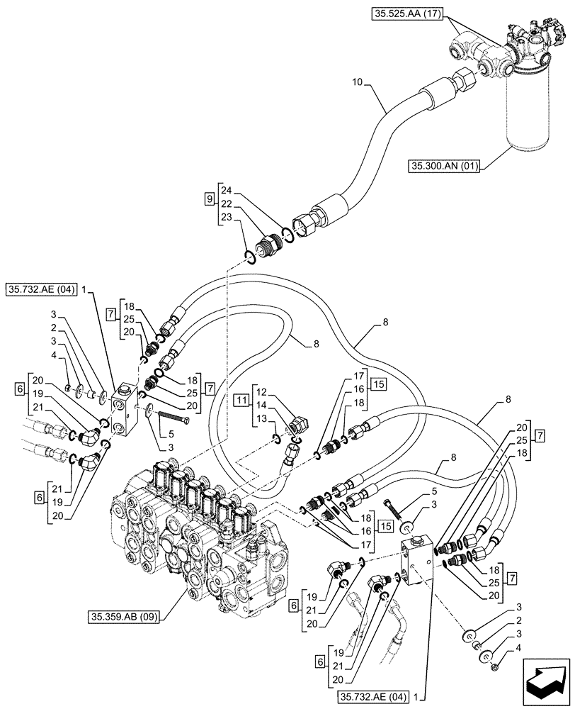 Схема запчастей Case 580SN WT - (35.732.AE[03]) - VAR - 423080 - STABILIZER, CONTROLS, CHECK VALVE, HOSE (35) - HYDRAULIC SYSTEMS