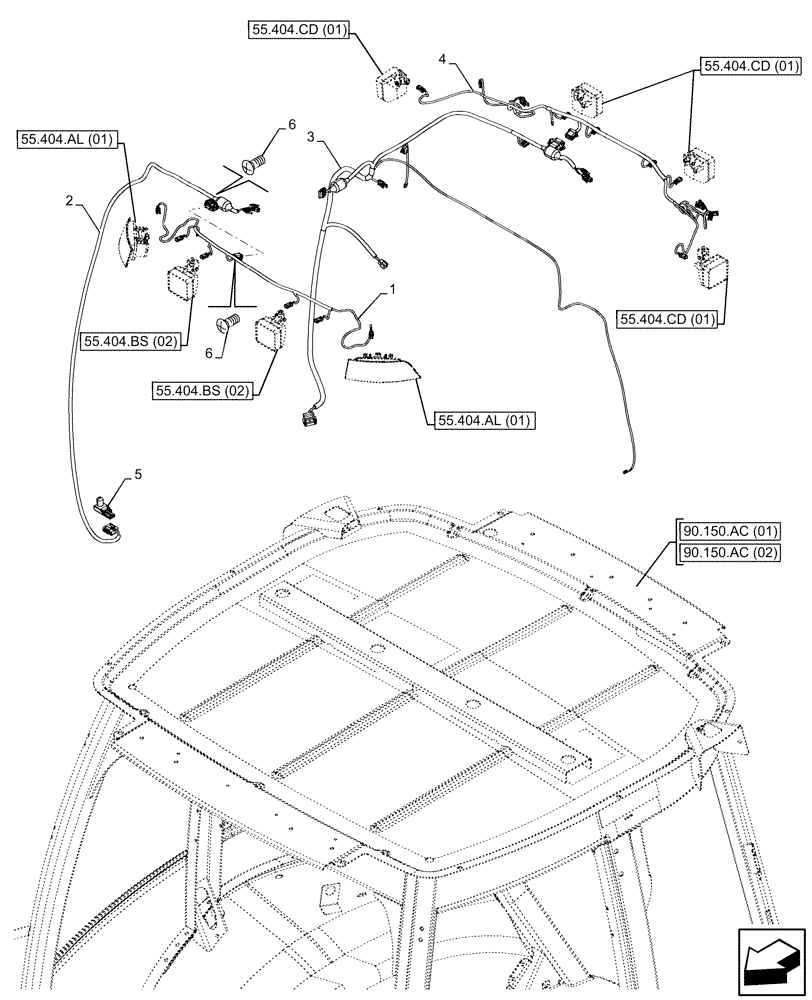 Схема запчастей Case 580SN - (55.510.AH[01]) - VAR - 747854, 747855 - CAB ROOF, NARROW, WIRE HARNESS (55) - ELECTRICAL SYSTEMS