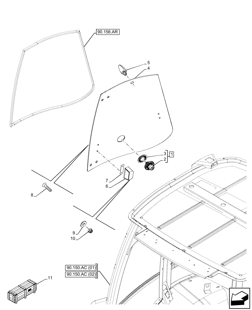 Схема запчастей Case 580SN - (90.156.AO[02]) - VAR - 747853, 747854, 747855 - CAB, NARROW, RIGHT LATERAL WINDOW, GLASS (90) - PLATFORM, CAB, BODYWORK AND DECALS