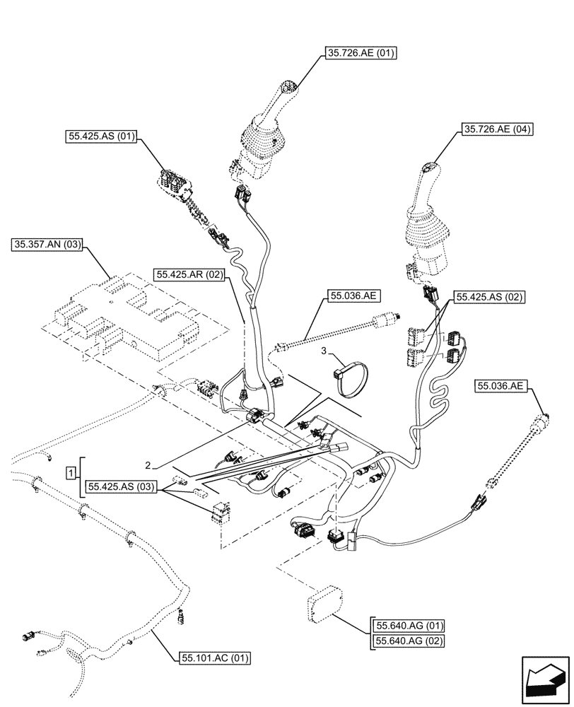Схема запчастей Case 590SN - (55.425.AR[01]) - VAR - 423078, 747669 - BACKHOE ARM, PILOT CONTROLS, HARNESS (55) - ELECTRICAL SYSTEMS