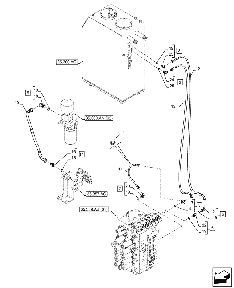 Схема запчастей Case CX210D LC LR - (35.357.AR[02]) - PILOT VALVE, CONTROL VALVE LINE (35) - HYDRAULIC SYSTEMS