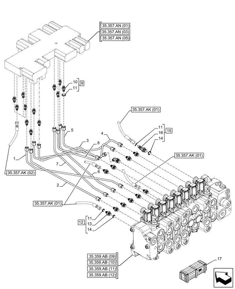 Схема запчастей Case 590SN - (35.357.AO[02]) - VAR - 423078 - BACKHOE ARM, PILOT CONTROLS, LINE (35) - HYDRAULIC SYSTEMS