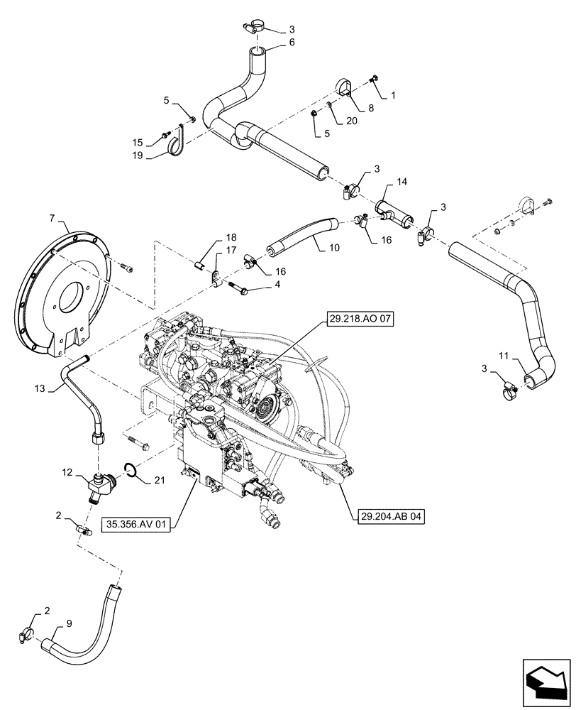 Схема запчастей Case SR220 - (29.204.AB[02]) - HYDROSTATIC PUMP, SUPPLY LINES, MECHANICAL CONTROLS (29) - HYDROSTATIC DRIVE