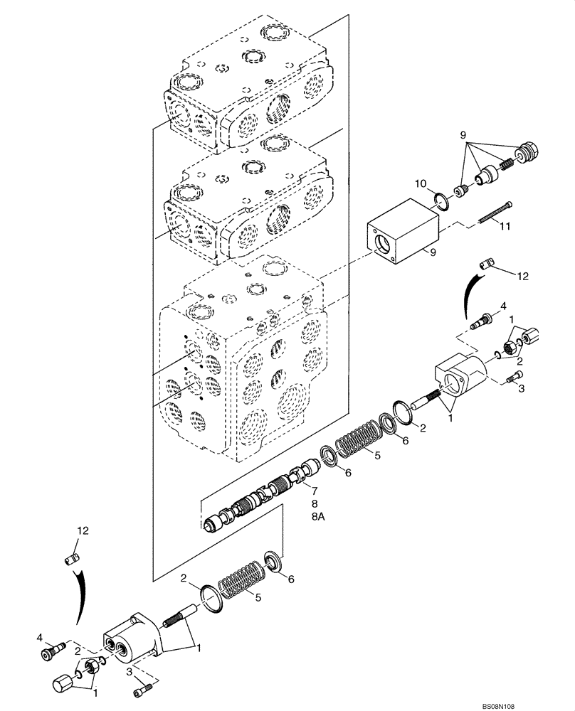 Схема запчастей Case 721E - (08-45C) - VALVE SECTION - BUCKET/BOOM/OPTIONAL SPOOLS (4 SPOOL VALVE) (XT) - IF USED (08) - HYDRAULICS