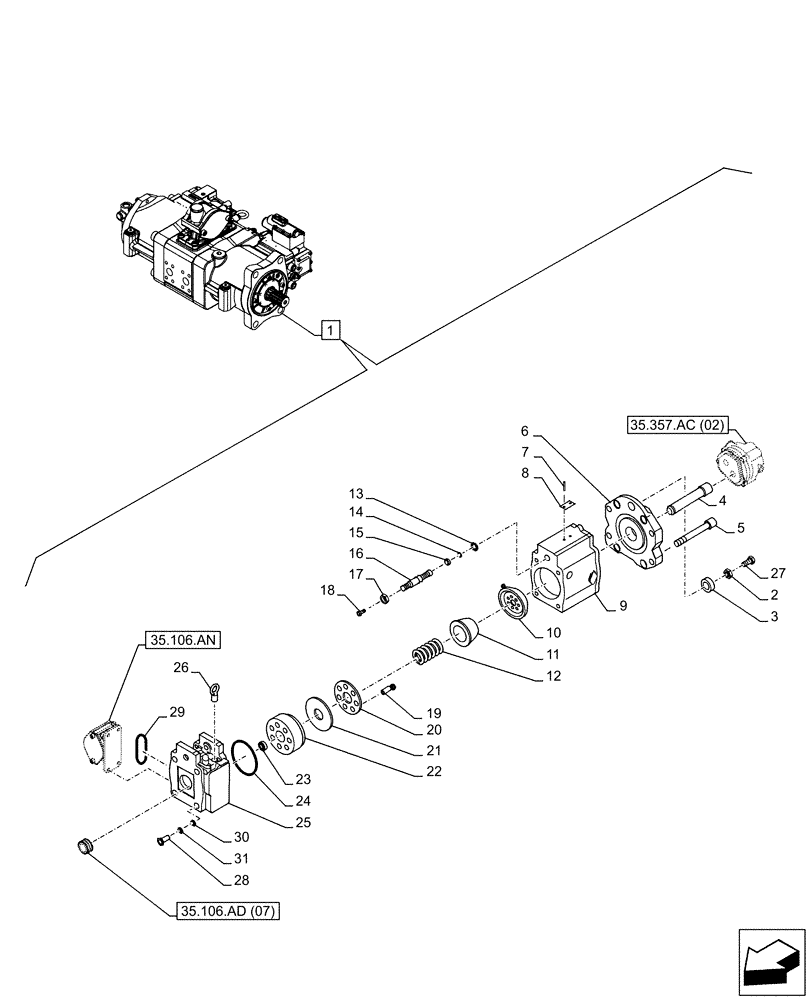 Схема запчастей Case CX250D LC - (35.106.AD[07]) - VAR - 461863 - VARIABLE DELIVERY HYDRAULIC PUMP, CLAMSHELL BUCKET, ROTATION, W/ ELECTRICAL PROPORTIONAL CONTROL, COMPONENTS (35) - HYDRAULIC SYSTEMS