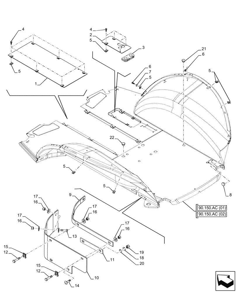 Схема запчастей Case 580SN WT - (90.150.AW[01]) - CAB FLOOR, PANEL (90) - PLATFORM, CAB, BODYWORK AND DECALS