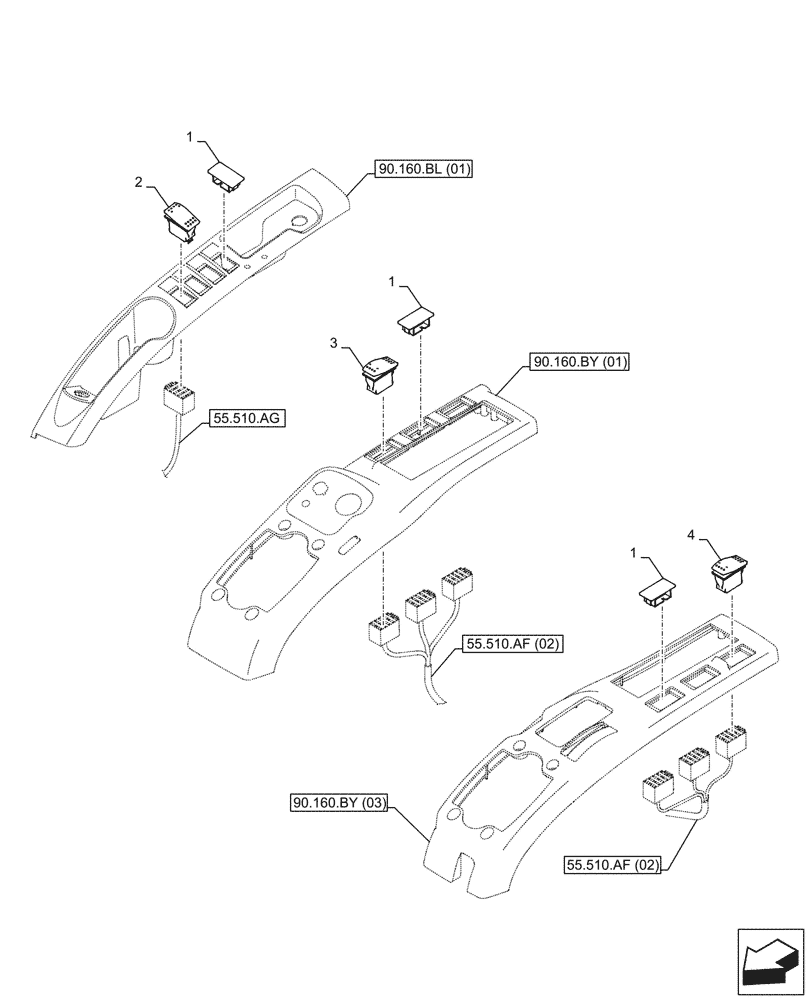 Схема запчастей Case CX250D LC - (55.512.BY[01]) - CAB, SWITCH (55) - ELECTRICAL SYSTEMS