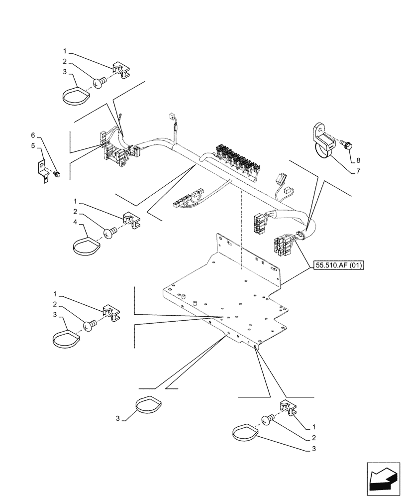 Схема запчастей Case CX250D LC - (55.510.AF[03]) - CAB MAIN WIRE HARNESS, CABLE CLIP (55) - ELECTRICAL SYSTEMS