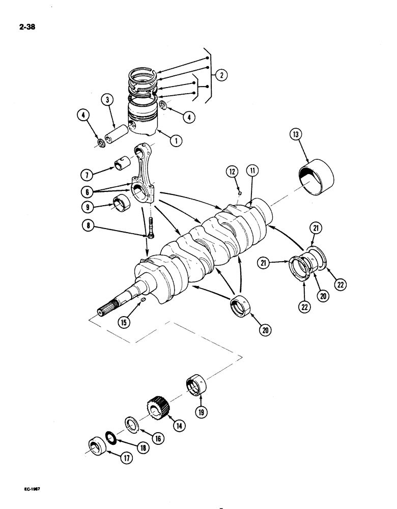 Схема запчастей Case 1825 - (2-38) - PISTONS AND CRANKSHAFT, DIESEL MODELS (02) - ENGINE