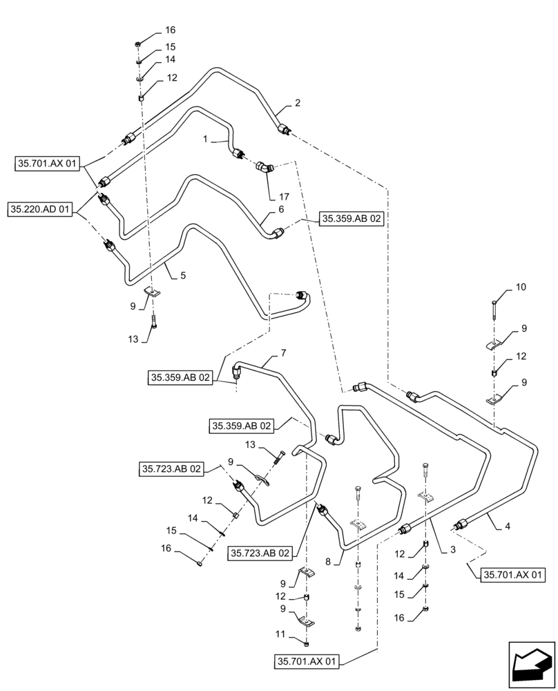 Схема запчастей Case 570N EP - (35.723.AB[04]) - VAR - 747892 - 3 SPOOL, LOADER HYDRAULIC LINES (35) - HYDRAULIC SYSTEMS