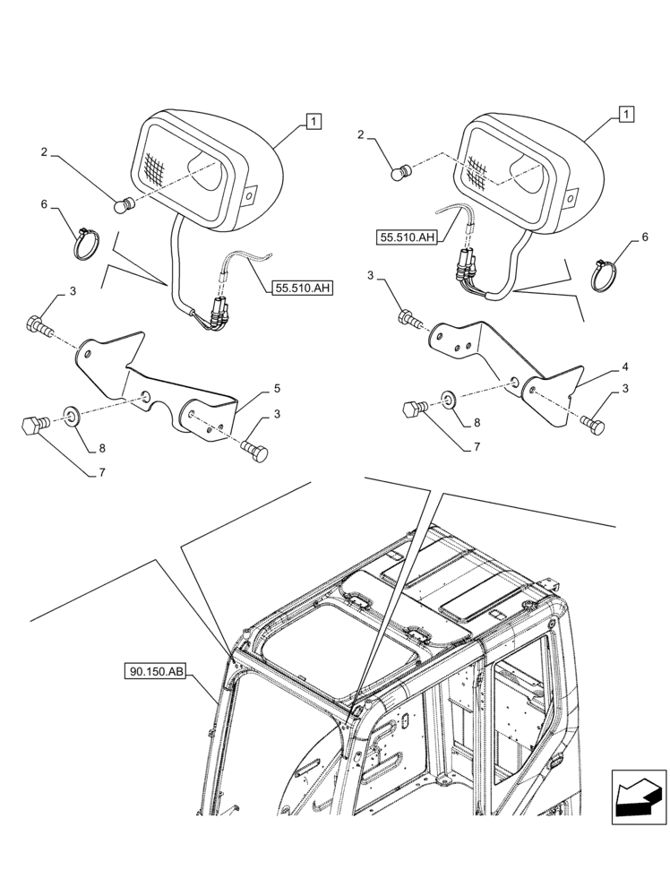 Схема запчастей Case CX210D LC LR - (55.514.AB[01]) - VAR - 488040 - WORKING LIGHT, CAB (55) - ELECTRICAL SYSTEMS