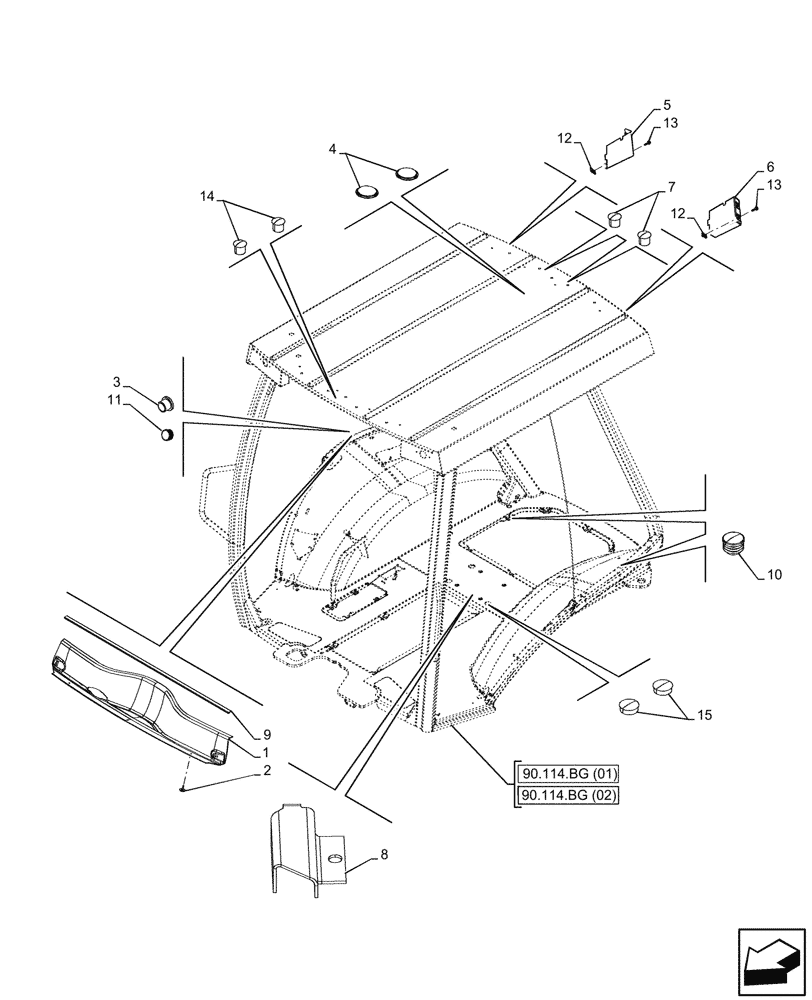 Схема запчастей Case 590SN - (90.114.BG[01]) - VAR - 423000, 442082 - CANOPY, COVER, PLUG (90) - PLATFORM, CAB, BODYWORK AND DECALS