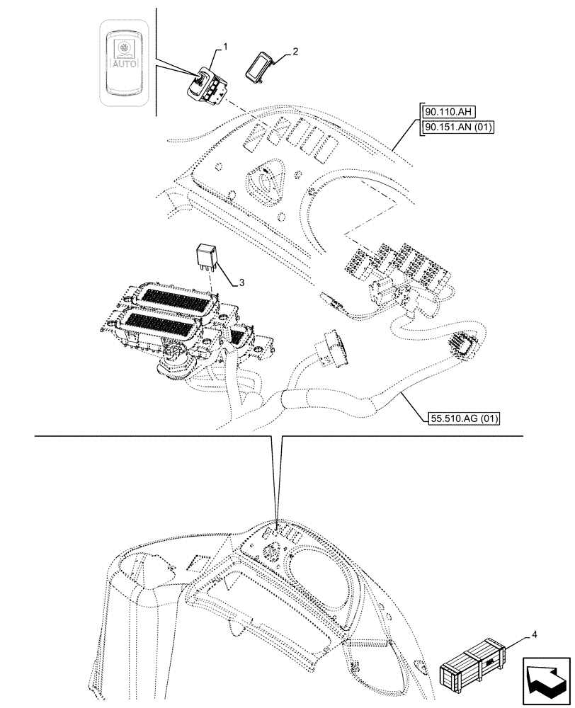 Схема запчастей Case 580N EP - (55.526.AF[02]) - VAR - 423098 - RIDE CONTROL SWITCH, 4WD (55) - ELECTRICAL SYSTEMS