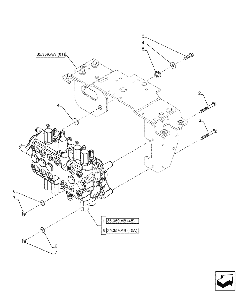 Схема запчастей Case 580N EP - (35.359.AB[06]) - BACKHOE CONTROL VALVE, 7-SPOOL, MOUNTING PARTS, STANDARD DIPPER, W/ FOOT SWING CONTROLS (35) - HYDRAULIC SYSTEMS