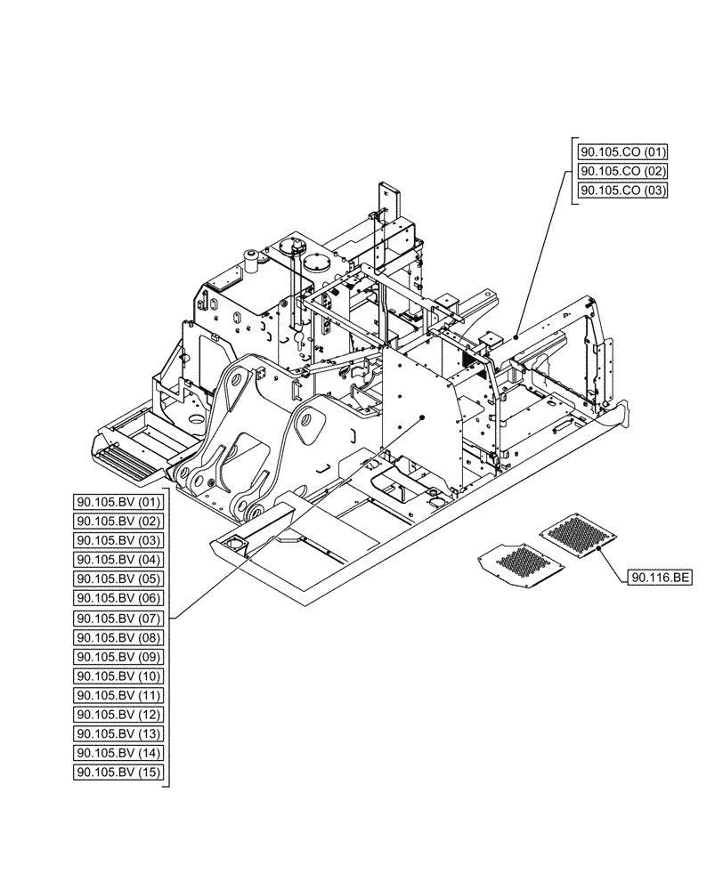 Схема запчастей Case CX210D LC LR - (90.000.00[04]) - SECTION INDEX - PLATFORM, CAB, BODYWORK & DECALS (90) - PLATFORM, CAB, BODYWORK AND DECALS