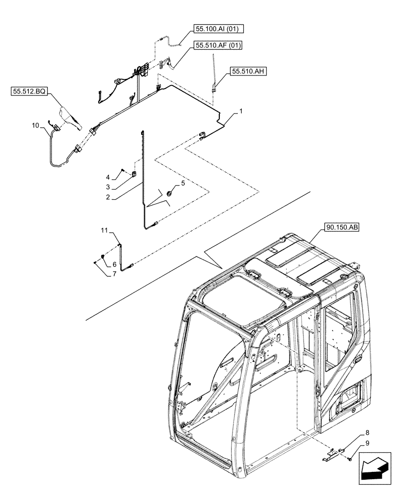 Схема запчастей Case CX210D NLC - (55.510.AG) - CAB, RIGHT SIDE, WIRE HARNESS (55) - ELECTRICAL SYSTEMS