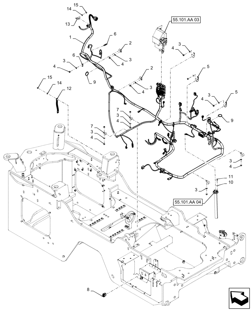 Схема запчастей Case 621F - (55.101.AA[01]) - ENGINE AND REAR CHASSIS HARNESS (55) - ELECTRICAL SYSTEMS