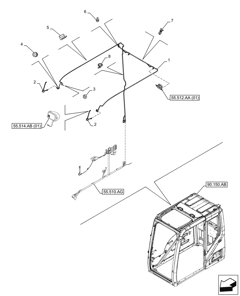 Схема запчастей Case CX210D NLC - (55.510.AH) - CAB ROOF, WIRE HARNESS (55) - ELECTRICAL SYSTEMS