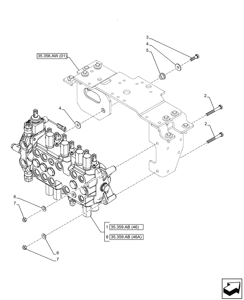 Схема запчастей Case 590SN - (35.359.AB[07]) - BACKHOE CONTROL VALVE, 8-SPOOL, MOUNTING PARTS, EXTENDABLE DIPPER, W/ TWO LEVER CONTROLS (35) - HYDRAULIC SYSTEMS