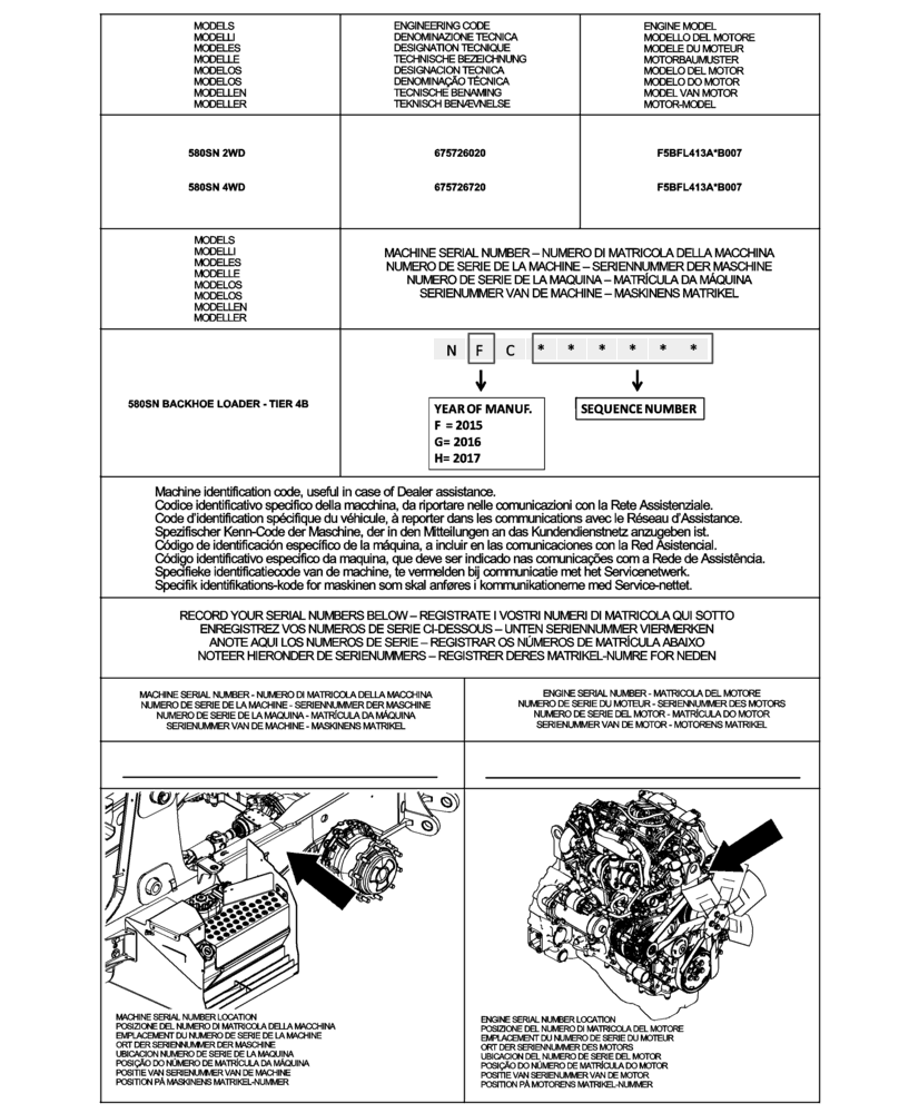 Схема запчастей Case 580SN - (00.100.01) - IDENTIFICATION PLATES AND VERSION LIST (00) - GENERAL & PICTORIAL INDEX