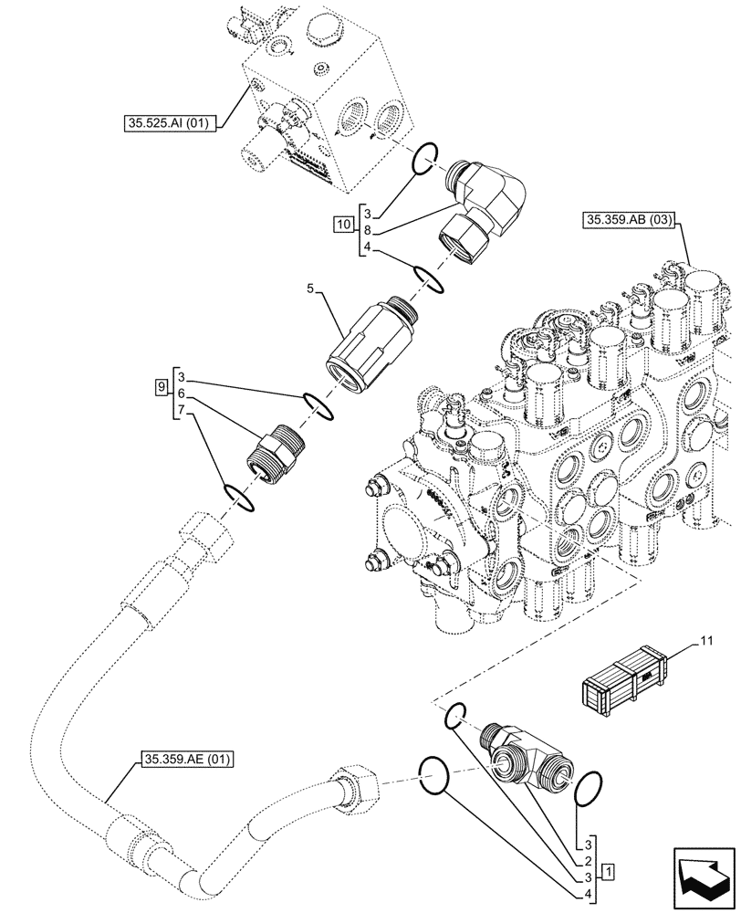 Схема запчастей Case 580N EP - (35.525.AA[11]) - VAR - 423083, 423084 - AUXILIARY HYDRAULIC, LINES (35) - HYDRAULIC SYSTEMS