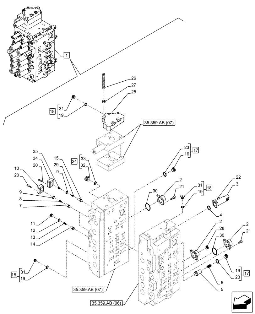 Схема запчастей Case CX250D LC LR - (35.359.AB[08]) - VAR - 461863 - CONTROL VALVE, CLAMSHELL BUCKET, ROTATION, W/ ELECTRICAL PROPORTIONAL CONTROL, COMPONENTS (35) - HYDRAULIC SYSTEMS