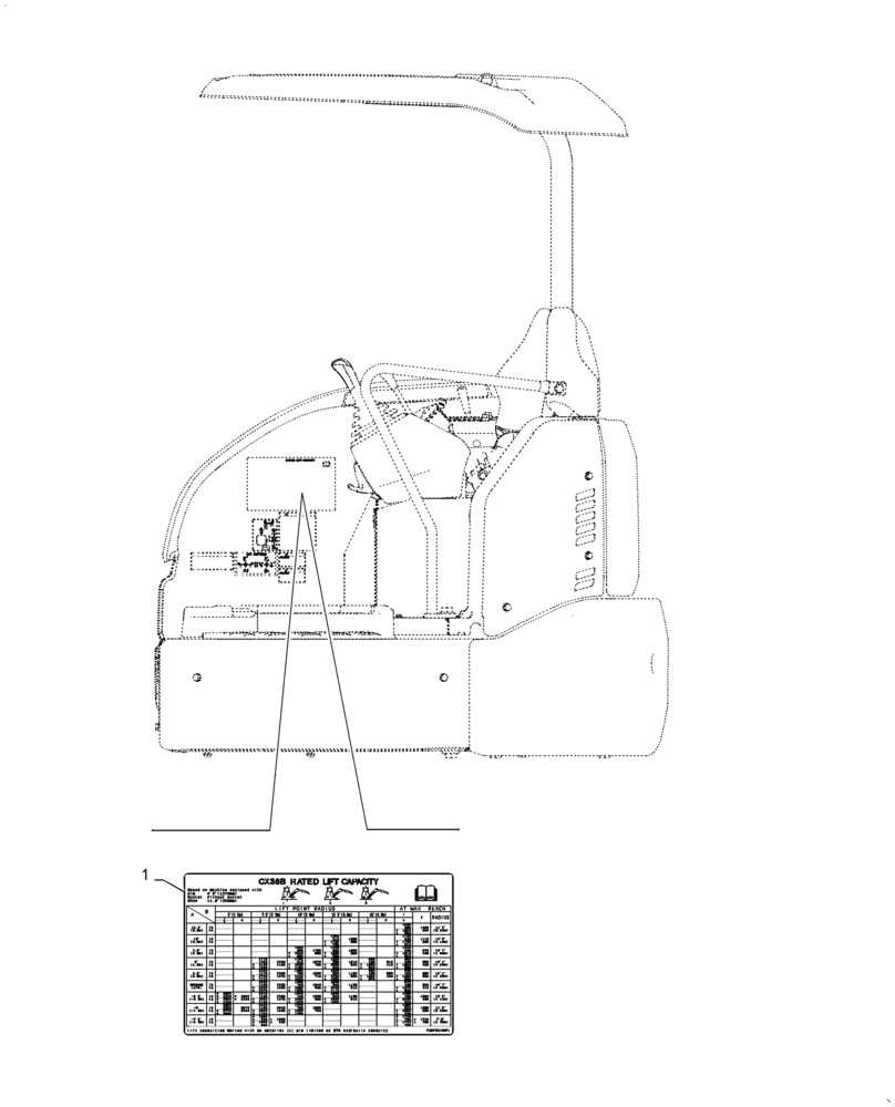 Схема запчастей Case CX36B - (90.108.AC[15]) - NAMEPLATE, LIFT CHART, CANOPY - BTW PX17-40001 - PX17-40001 (90) - PLATFORM, CAB, BODYWORK AND DECALS