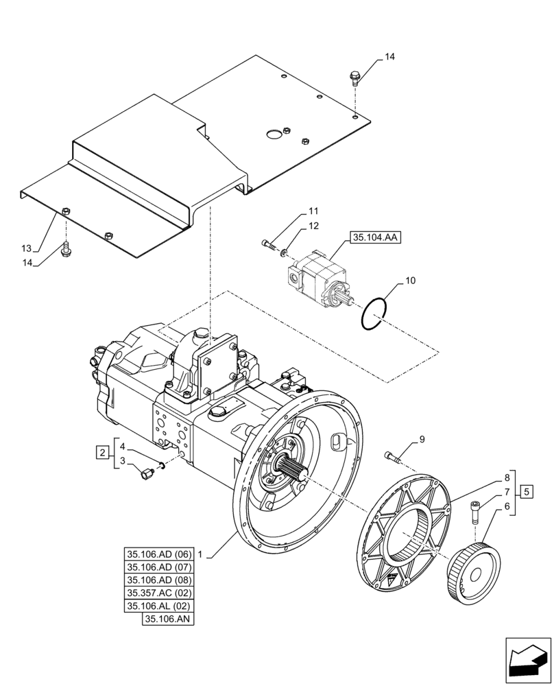 Схема запчастей Case CX350D LC - (35.106.AD[05]) - VAR - 461863 - VARIABLE DELIVERY HYDRAULIC PUMP, CLAMSHELL BUCKET, ROTATION, W/ ELECTRICAL PROPORTIONAL CONTROL (35) - HYDRAULIC SYSTEMS