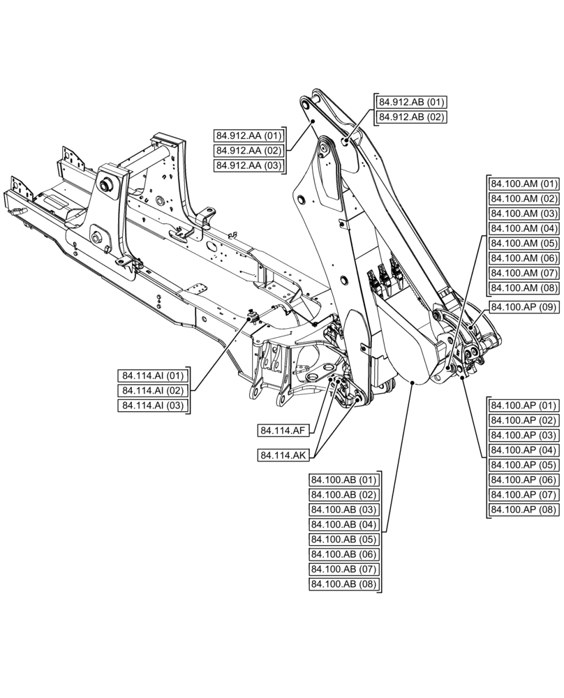 Схема запчастей Case 580N EP - (00.000.84[01]) - PICTORIAL INDEX - BOOMS, DIPPERS & BUCKET (STANDARD) (00) - GENERAL & PICTORIAL INDEX