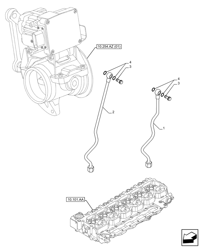 Схема запчастей Case F4HFE413Y B001 - (10.254.AZ[02]) - ENGINE EXHAUST BRAKE, PIPE, WATER SUPPLY (10) - ENGINE