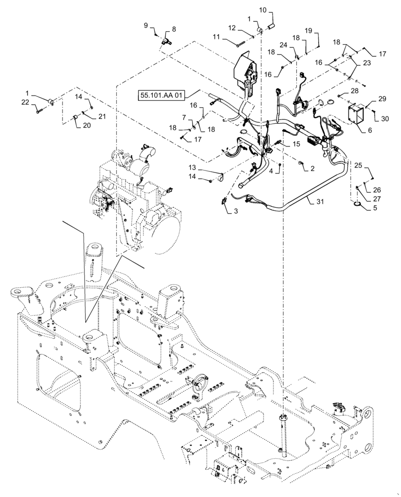 Схема запчастей Case 621F - (55.101.AA[02]) - ENGINE AND REAR CHASSIS, HARNESS (55) - ELECTRICAL SYSTEMS