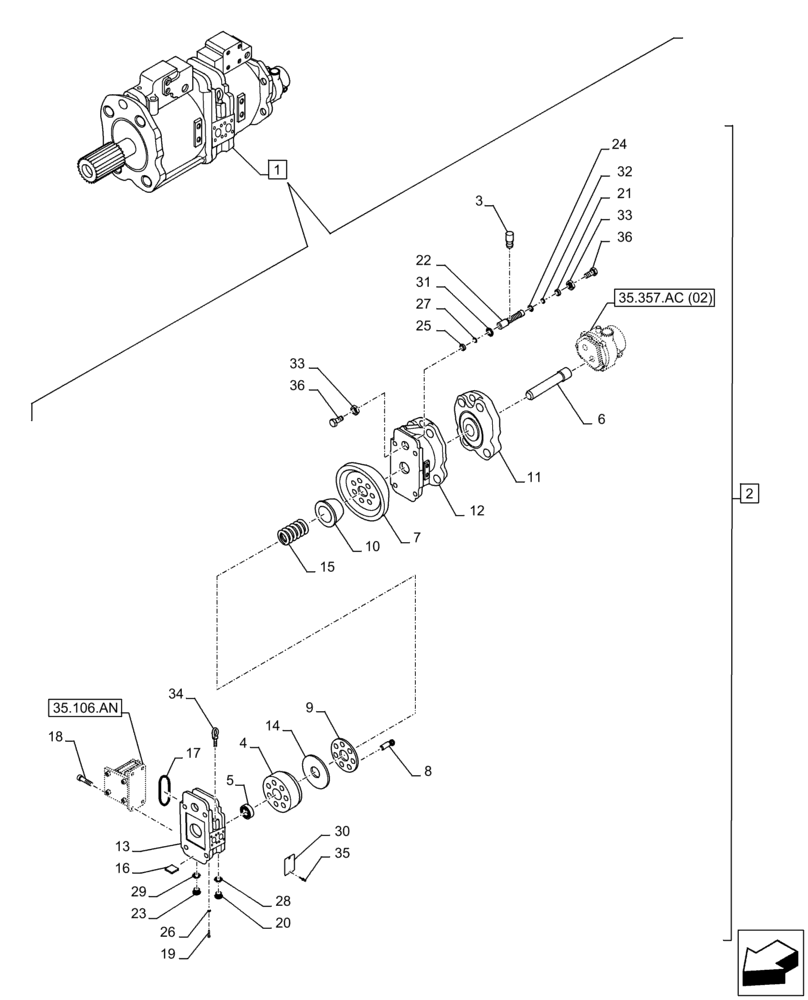 Схема запчастей Case CX350D LC - (35.106.AD[06]) - VAR - 461863 - VARIABLE DELIVERY HYDRAULIC PUMP, CLAMSHELL BUCKET, ROTATION, W/ ELECTRICAL PROPORTIONAL CONTROL, COMPONENTS (35) - HYDRAULIC SYSTEMS