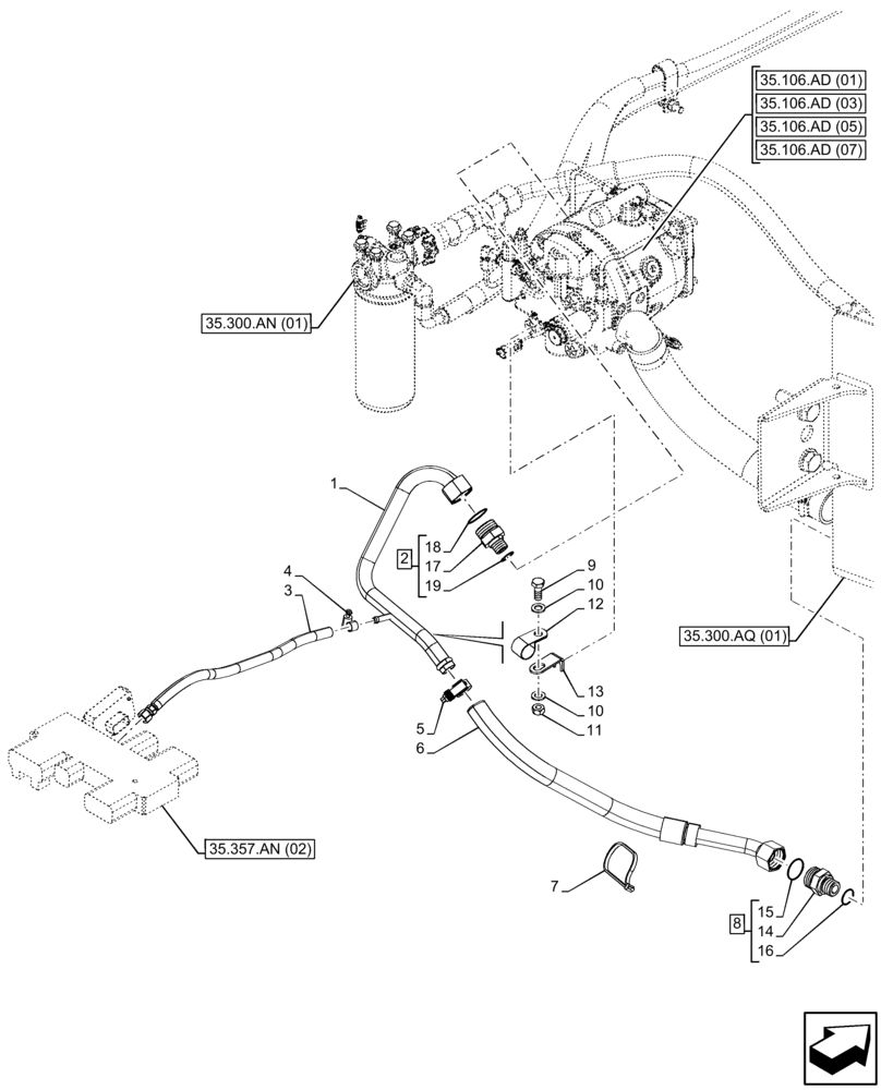 Схема запчастей Case 590SN - (35.106.AS[01]) - HYDRAULIC SYSTEM, DRAIN LINE, PILOT CONTROLS (35) - HYDRAULIC SYSTEMS