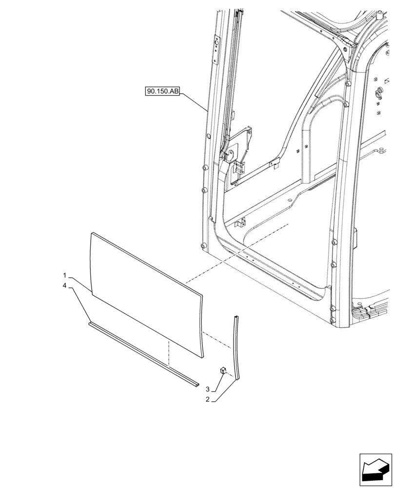 Схема запчастей Case CX300D LC - (90.156.AG) - CAB, WINDOW, FRONT, LOWER (90) - PLATFORM, CAB, BODYWORK AND DECALS