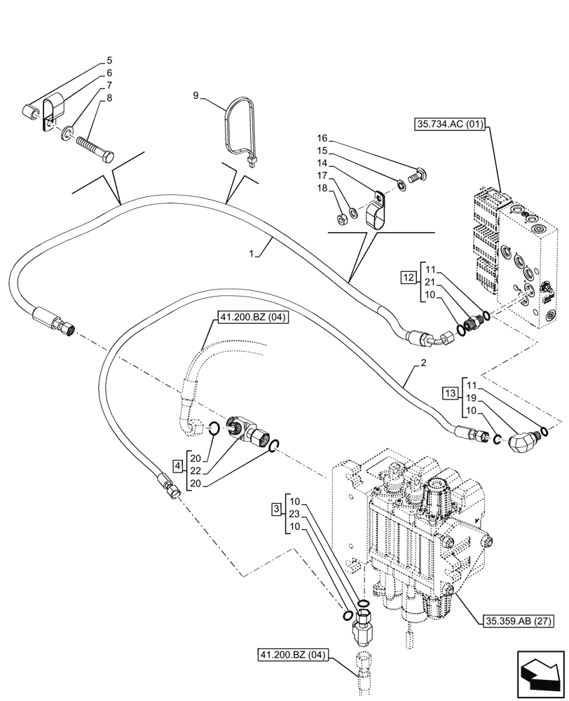 Схема запчастей Case 590SN - (35.525.AD[04]) - QUICK COUPLER, PILOT CONTROLS, LINES (35) - HYDRAULIC SYSTEMS