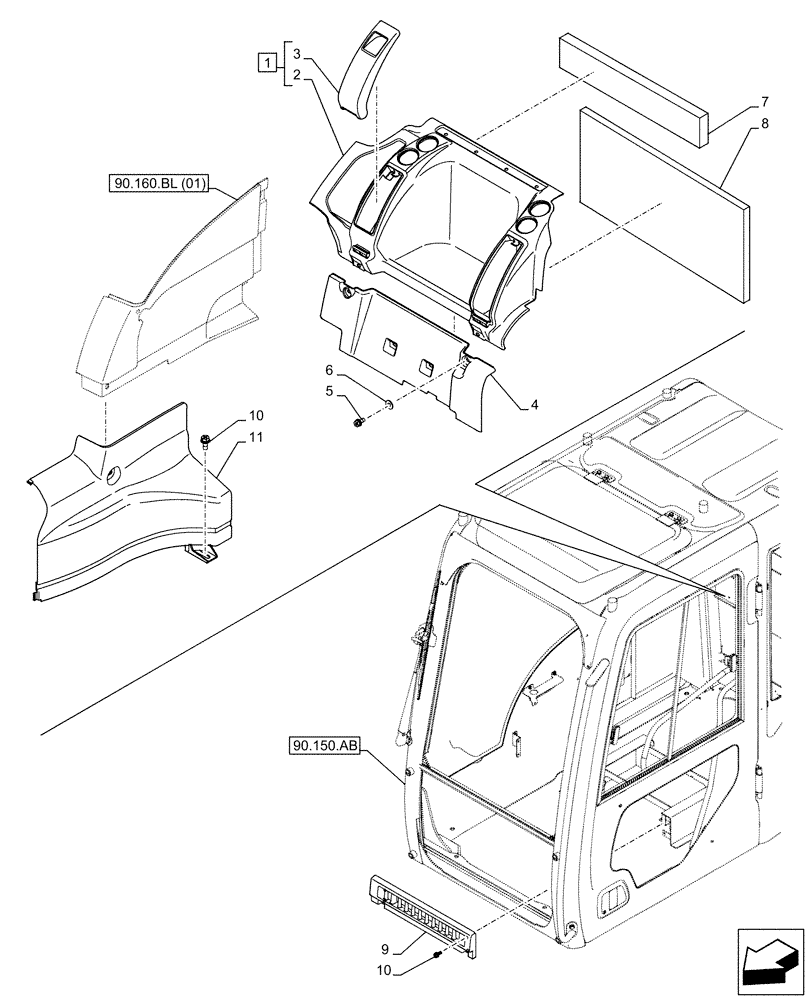 Схема запчастей Case CX300D LC - (90.160.AH) - CAB, REAR COVER (90) - PLATFORM, CAB, BODYWORK AND DECALS