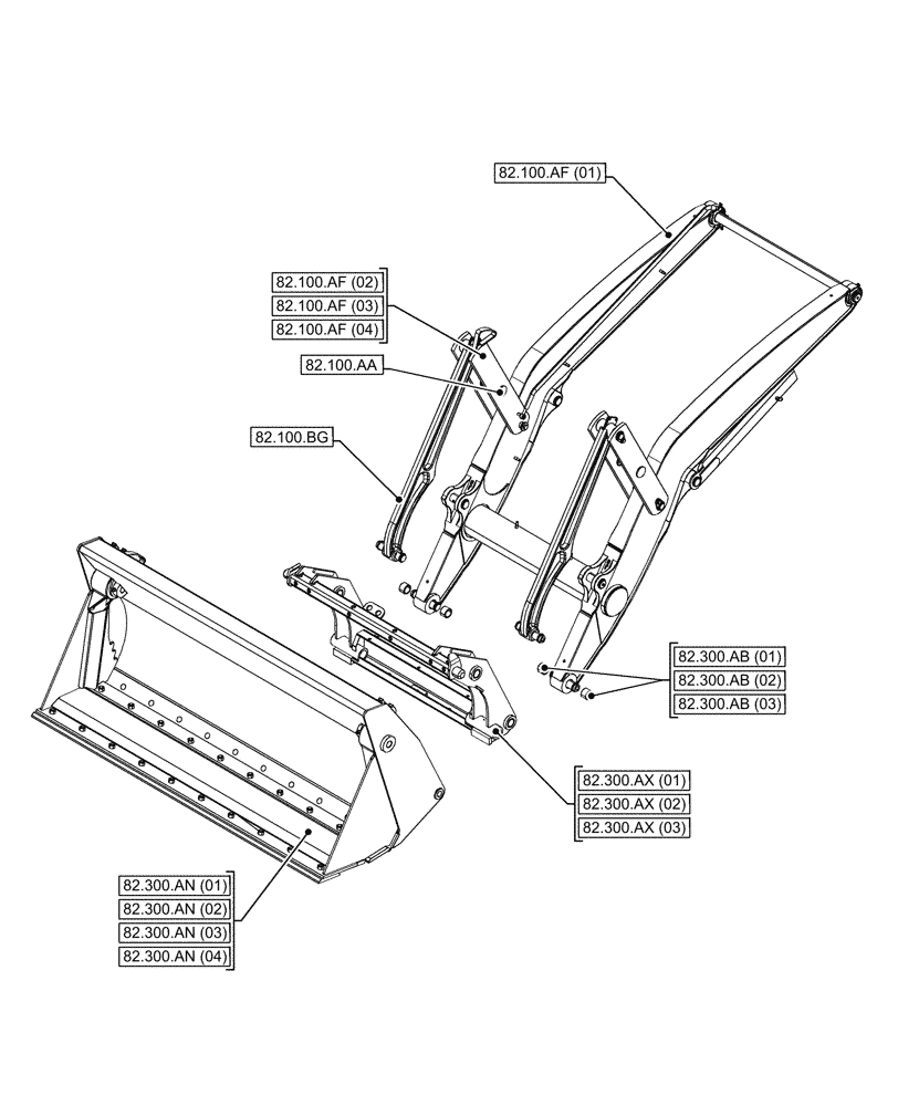Схема запчастей Case 590SN - (82.000.00) - SECTION INDEX - FRONT LOADER AND BUCKET (82) - FRONT LOADER & BUCKET