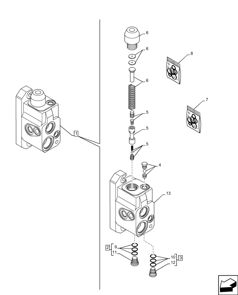 Схема запчастей Case 590SN - (35.359.AB[34]) - VAR - 747864 - LOADER, CONTROL VALVE, PILOT CONTROLS, 3-SPOOL, INLET SECTION (35) - HYDRAULIC SYSTEMS