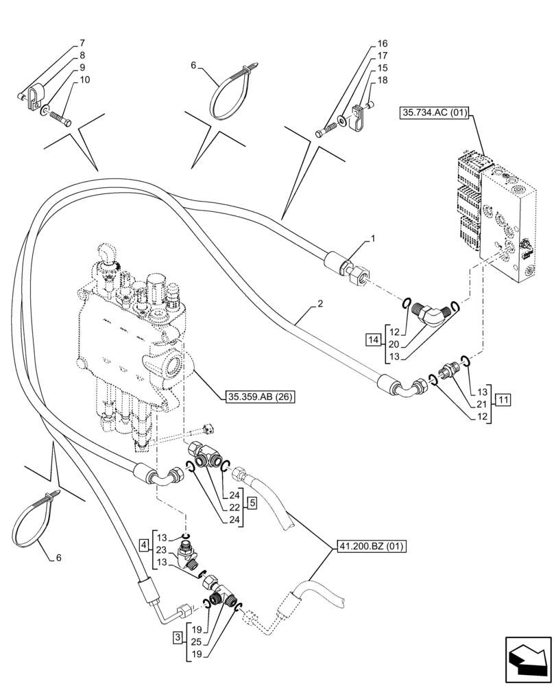 Схема запчастей Case 580SN WT - (35.525.AD[03]) - QUICK COUPLER, MECHANICAL CONTROL, LINES (35) - HYDRAULIC SYSTEMS