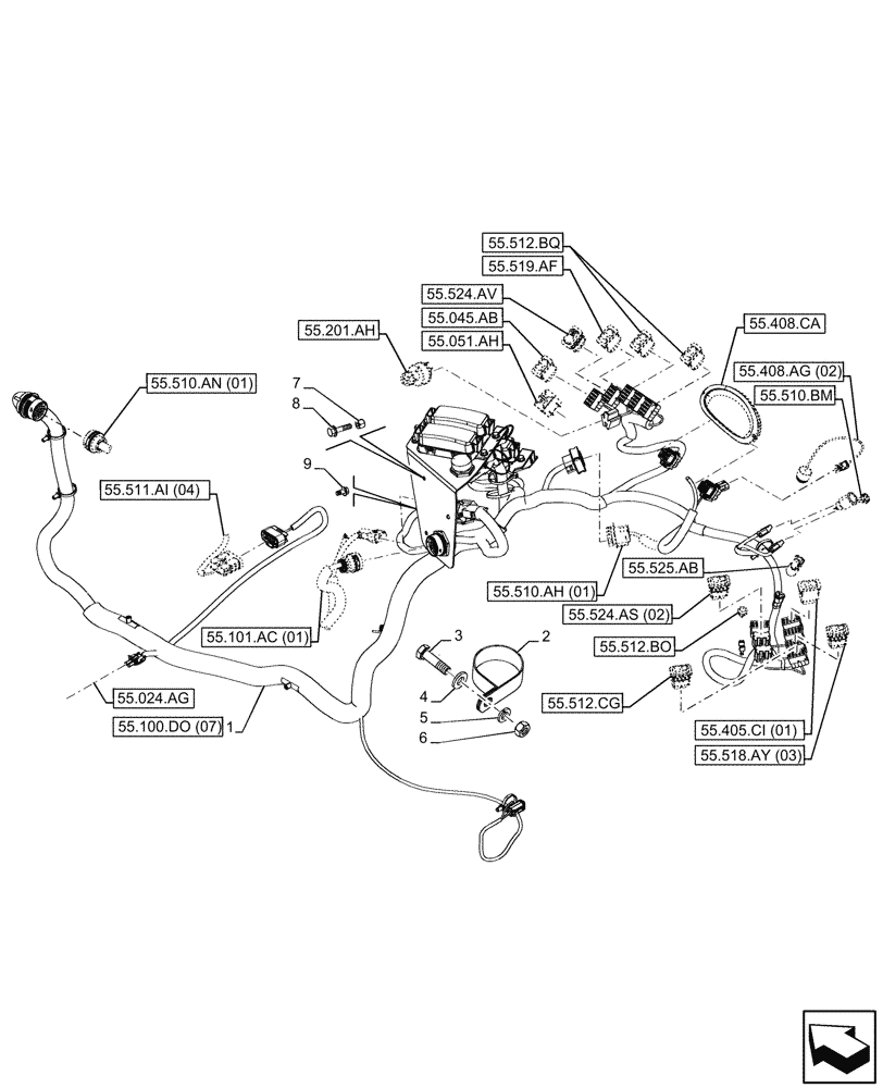 Схема запчастей Case 580SN - (55.510.AG[01]) - VAR - 423058, 423059 - POWERSHUTTLE TRANSMISSION, RIGHT SIDE HARNESS - C9127 (55) - ELECTRICAL SYSTEMS