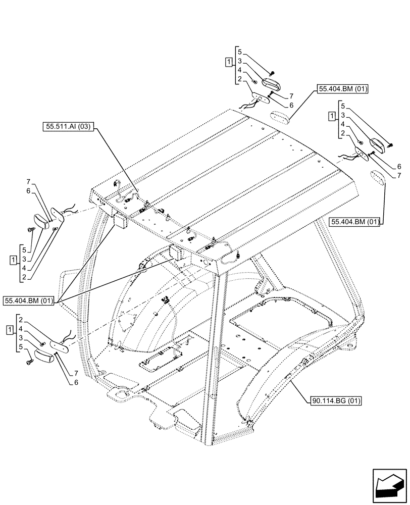 Схема запчастей Case 580SN WT - (55.404.CL) - VAR - 442082 - CANOPY, TURN SIGNAL LIGHT (55) - ELECTRICAL SYSTEMS