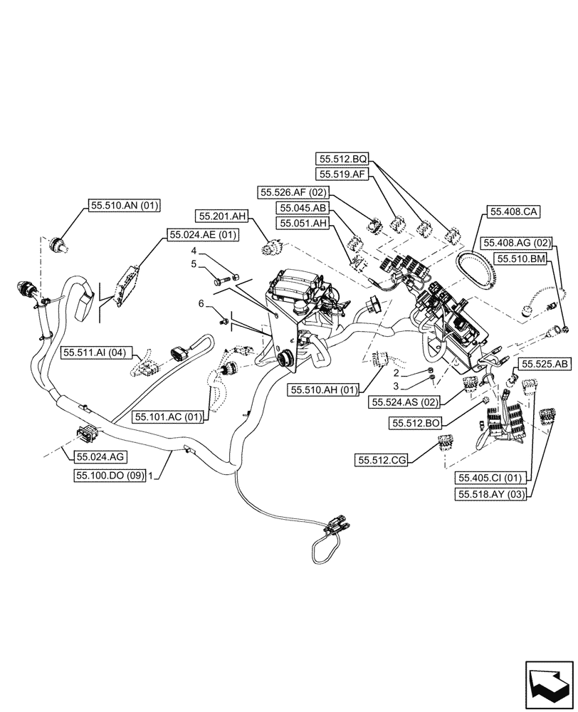 Схема запчастей Case 580SN WT - (55.510.AG[04]) - VAR - 423060, 423061, 423062 - SEMI-POWERSHIFT, POWERSHIFT TRANSMISSION, RIGHT SIDE HARNESS (55) - ELECTRICAL SYSTEMS