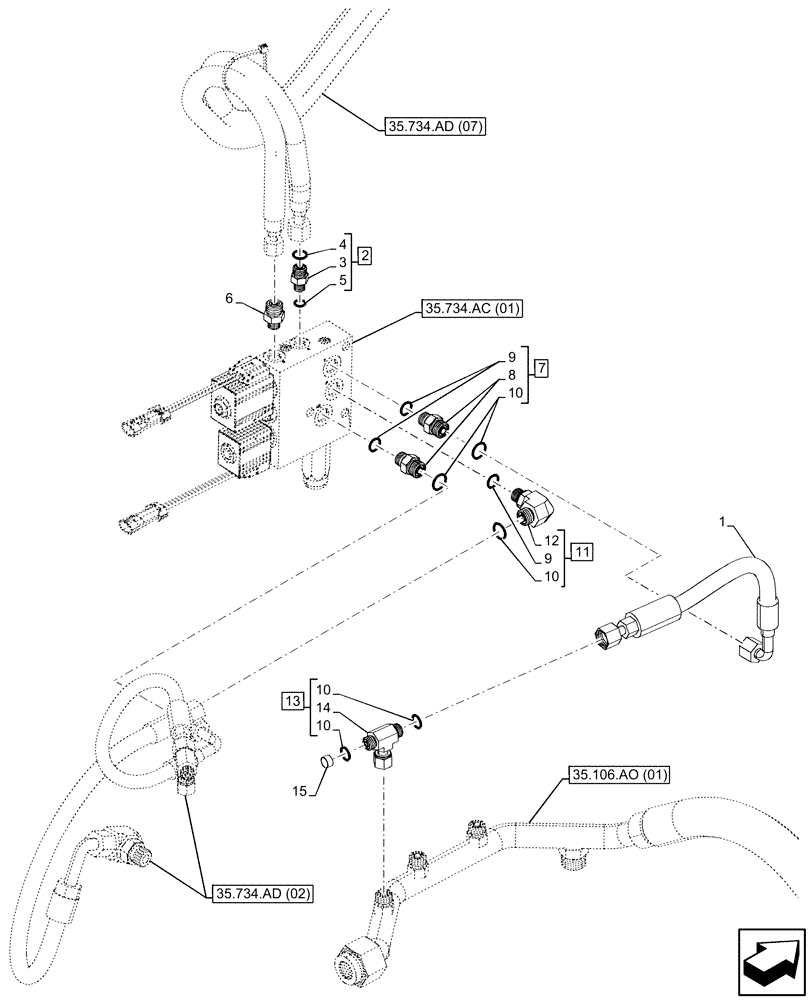 Схема запчастей Case 580SN - (35.734.AD[07]) - QUICK COUPLER, VALVE, HYDRAULIC LINE (35) - HYDRAULIC SYSTEMS