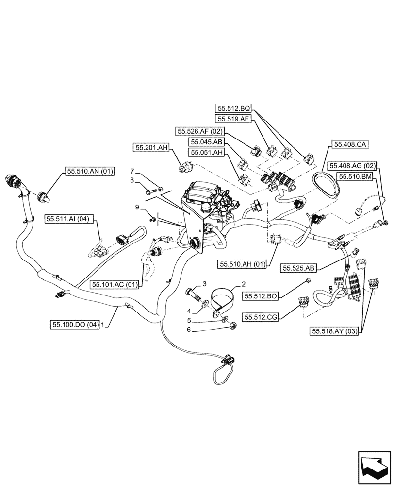 Схема запчастей Case 580N EP - (55.510.AG[01]) - CANOPY, POWERSHUTTLE TRANSMISSION, RIGHT SIDE HARNESS (55) - ELECTRICAL SYSTEMS