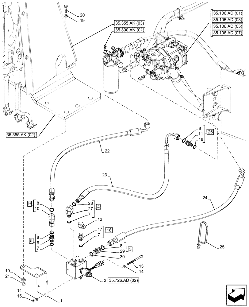 Схема запчастей Case 580SN WT - (35.726.AD[01]) - VAR - 423080 - HYDRAULIC LIFT, W/ MECHANICAL LIFT, VALVE, LINES (35) - HYDRAULIC SYSTEMS