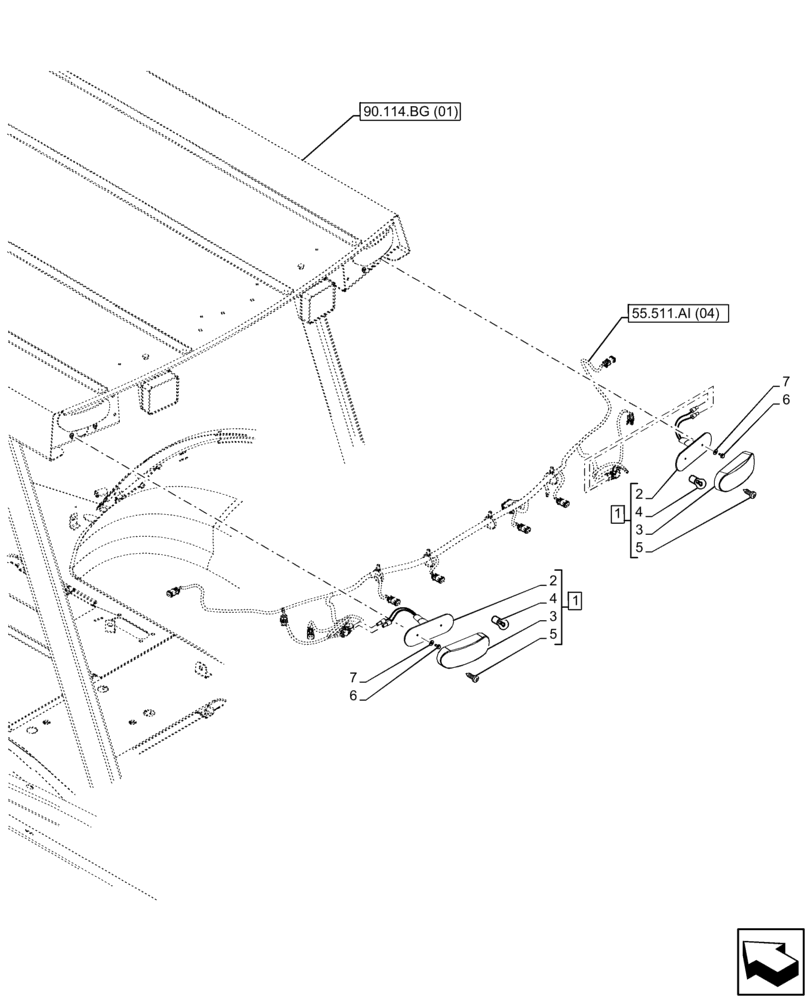 Схема запчастей Case 590SN - (55.404.BM[01]) - VAR - 442082, 423000 - CANOPY, REAR, WORK LIGHT (55) - ELECTRICAL SYSTEMS