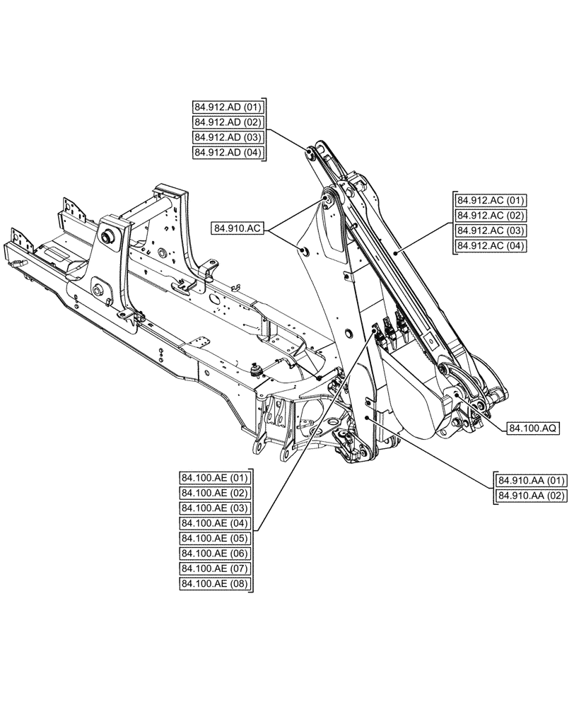 Схема запчастей Case 580SN - (00.000.84[02]) - PICTORIAL INDEX - BOOM, EXTENDABLE DIPPER AND BUCKET (00) - GENERAL & PICTORIAL INDEX