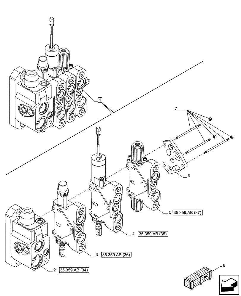 Схема запчастей Case 580SN - (35.359.AB[33]) - VAR - 747864 - LOADER, CONTROL VALVE, PILOT CONTROLS, 3-SPOOL (35) - HYDRAULIC SYSTEMS