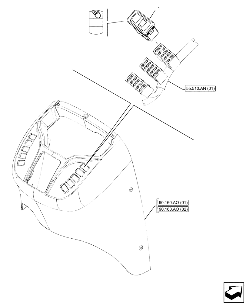 Схема запчастей Case 580SN WT - (55.405.CI[02]) - VAR - 423000, 442082, 442085, 747853, 747854, 747855 - WORK LIGHT, SWITCH (55) - ELECTRICAL SYSTEMS