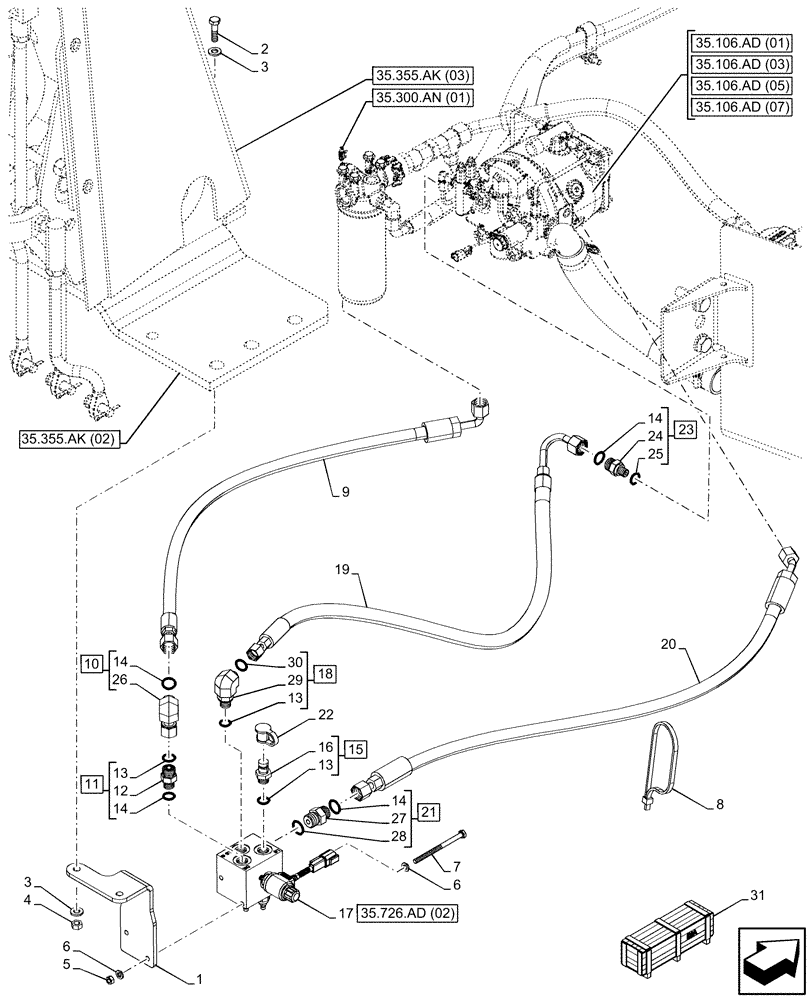 Схема запчастей Case 580SN - (35.726.AD[01]) - VAR - 423080 - HYDRAULIC LIFT, W/ MECHANICAL LIFT, VALVE, LINES (35) - HYDRAULIC SYSTEMS